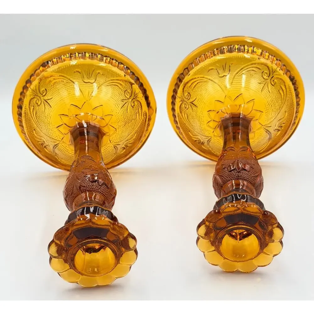 Brockway Indiana Glass Large Tiara Amber Sandwich Candlesticks 9